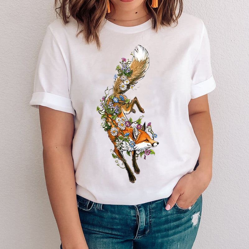 Women's Fox Graphic T-Shirt - Nature & Floral Print Casual Tee