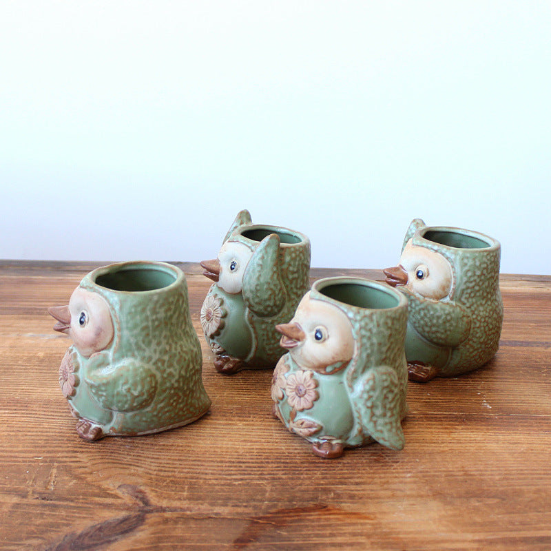 Ceramic Owl Succulent Planters - Mini Flower Pots or Indoor Plants (Set of 4)