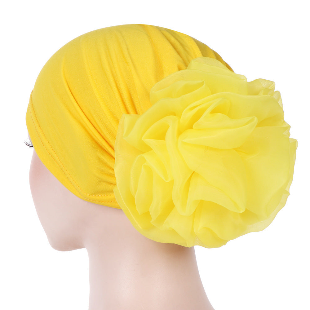 Women's Fashion Turban Hat with Large Flower Accent - Elegant Headwrap Cap