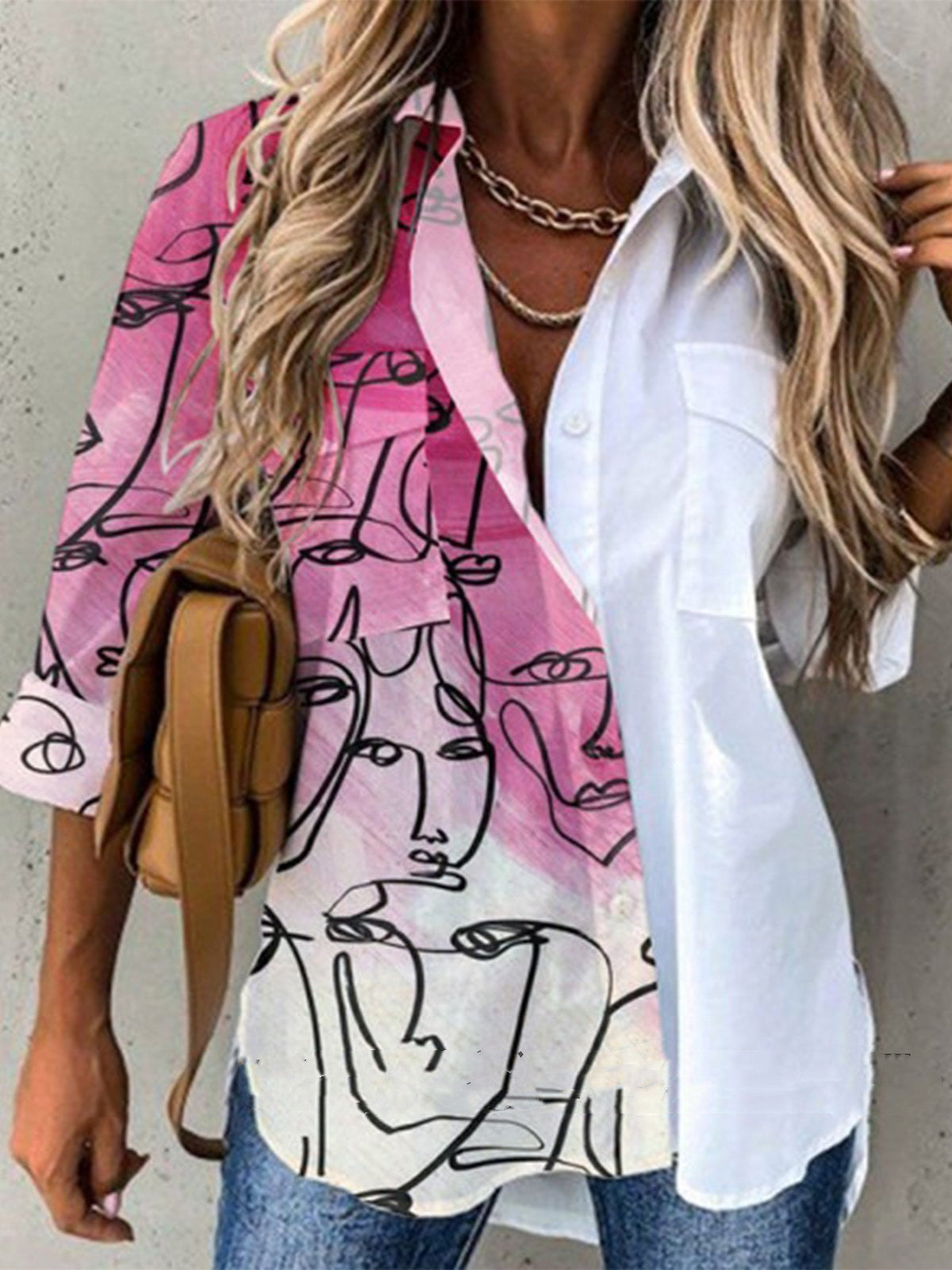 Women's Floral V-Neck Long Sleeve Blouse - Loose Fit Casual Shirt