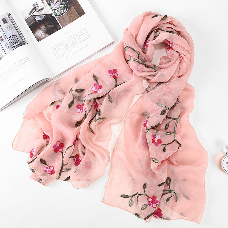 Embroidered Floral Chiffon Scarf - Lightweight Shawl & Wrap