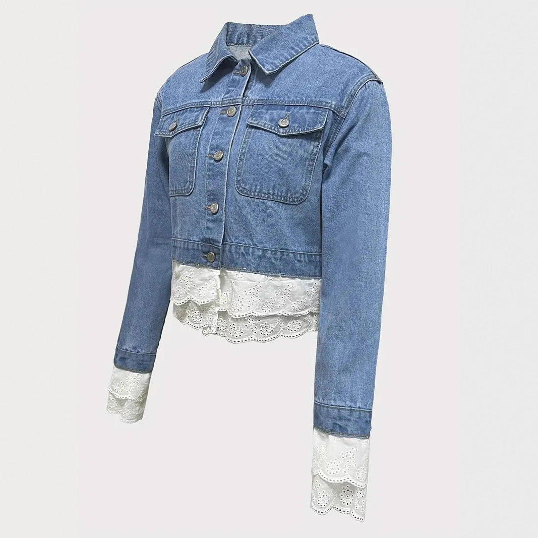 Women's Lace Trim Denim Jacket - Cropped Jean Jacket with Feminine Edge