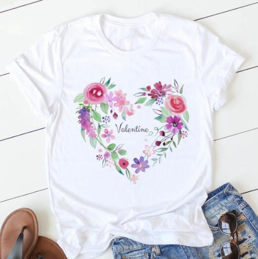Women's Heart & Flower Print Short Sleeve T-Shirt - Casual Graphic Tee