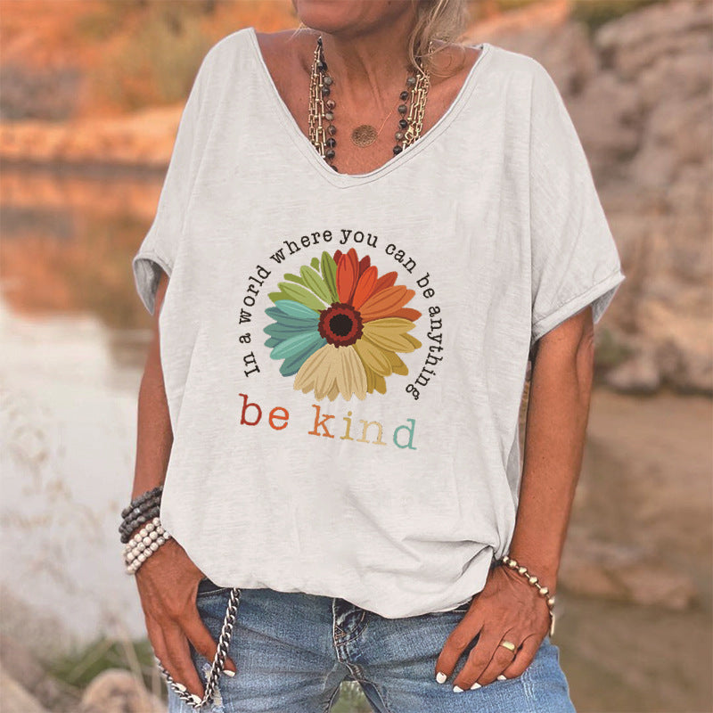"Be Kind" Flower Graphic V-Neck T-Shirt - Loose Fit Casual Top