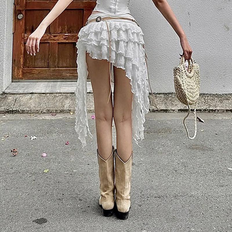 Boho Ruffle Lace High-Low Skirt - White Layered Mini with Sheer Train