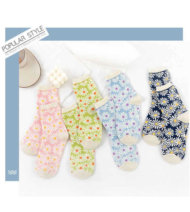 4-Pair Daisy Flower Cotton Socks - Women's Cute Casual Crew Set
