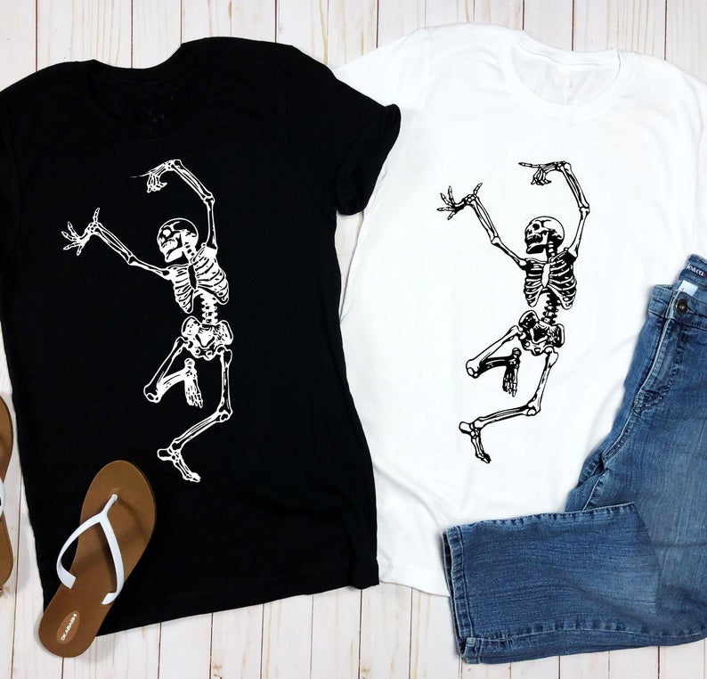 Dancing Skeleton Graphic Tee - Gothic Floral Short Sleeve Top