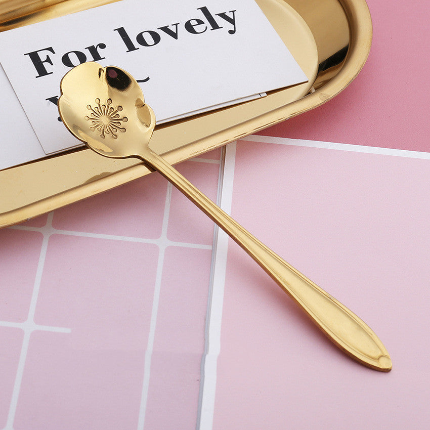 8-Piece Gold-Plated Flower Coffee Spoon Set - Stainless Steel Teaspoons