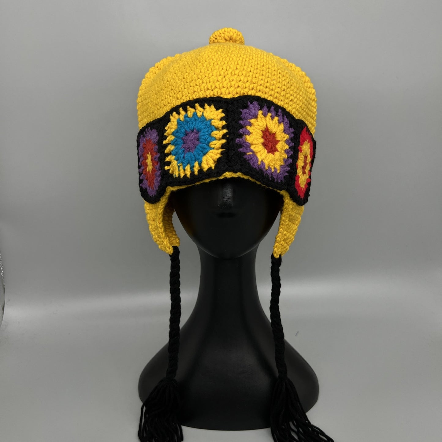 Handmade Crochet Flower Knit Winter Hat - Boho Earflap Beanie