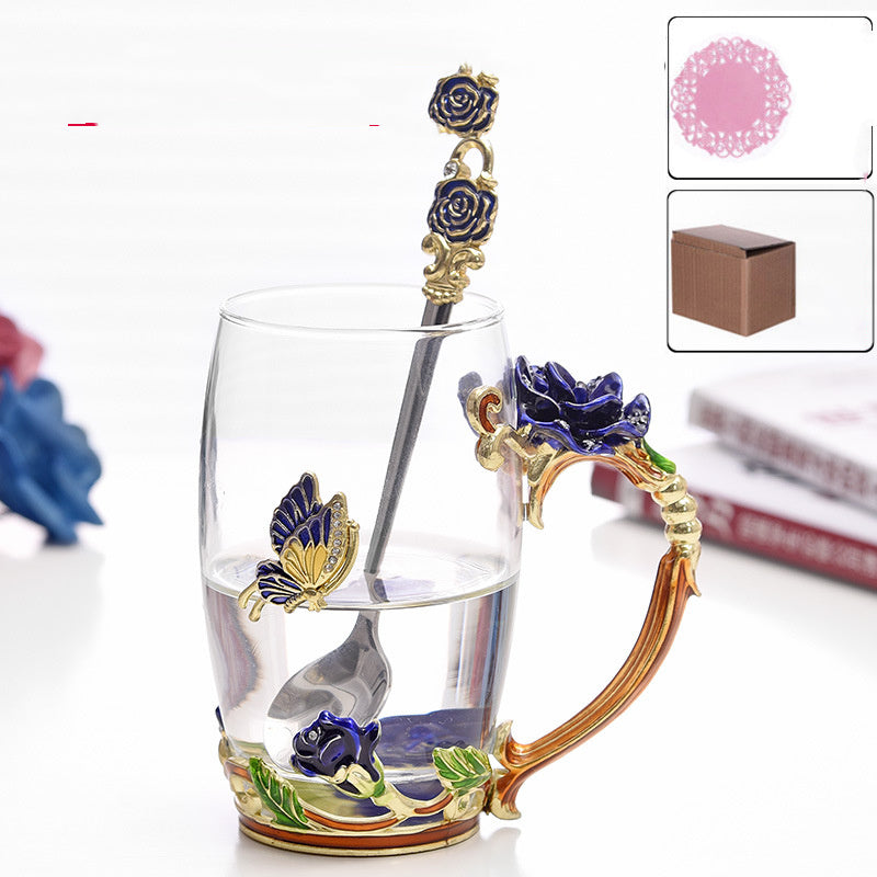 Luxury Enamel Flower Glass Teacup Set with Spoon - Gift Boxed Tea & Coffee Mug