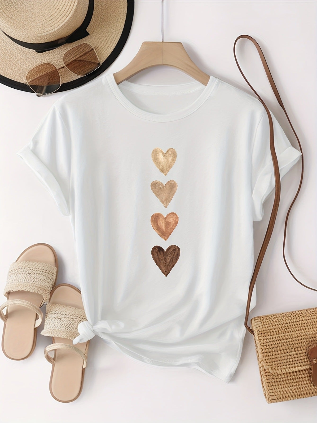 Gold Foil Heart Print Tee - Casual Short Sleeve T-Shirt
