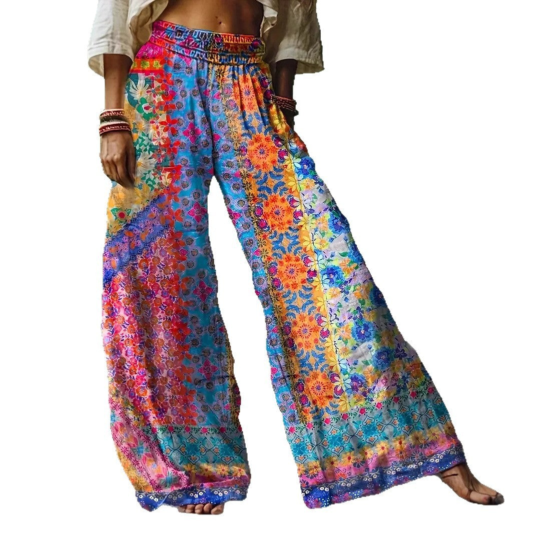 Boho Patchwork Wide-Leg Pants - Retro Festival Style