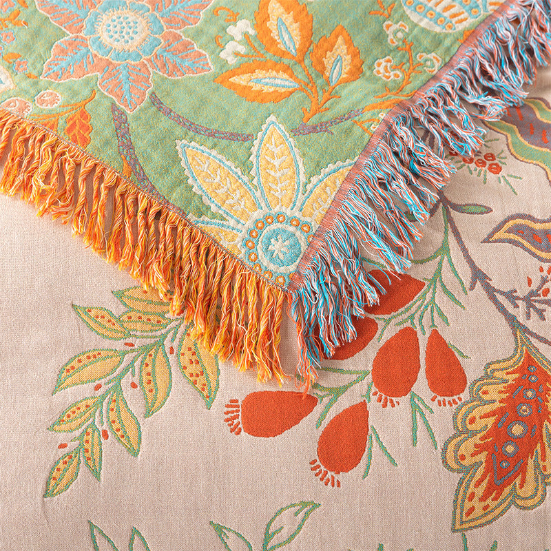 Bohemian Floral Cotton Tassel Blanket - Double-Sided Sofa Throw & Bedspread