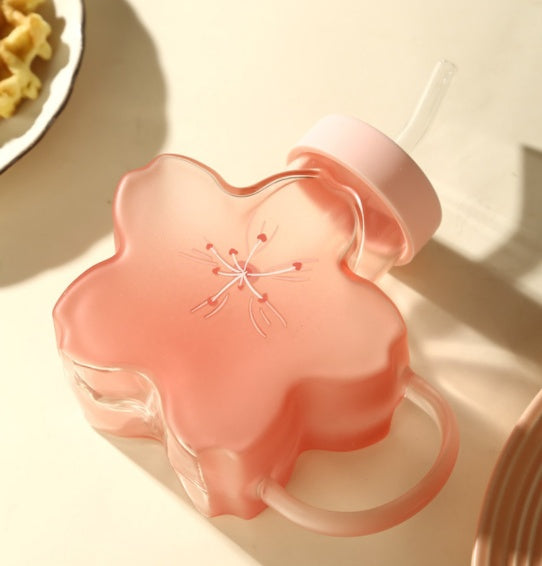Pink Flower Glass Cup with Straw - Heat-Resistant 355ml Drinkware