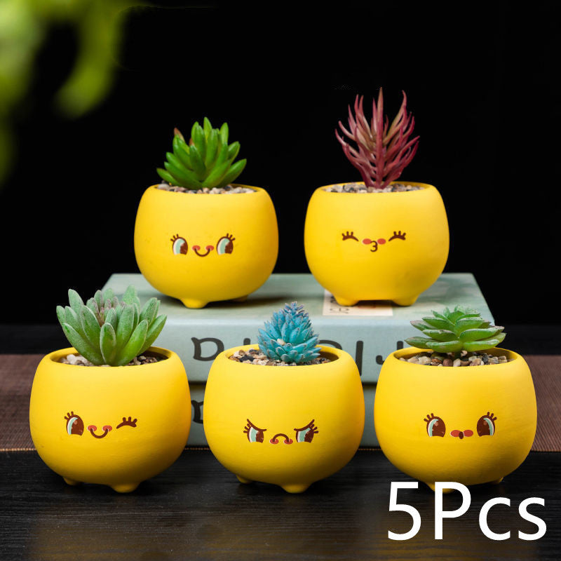 5-Piece Mini Ceramic Succulent Planter Set - Cute Face Flower Pots