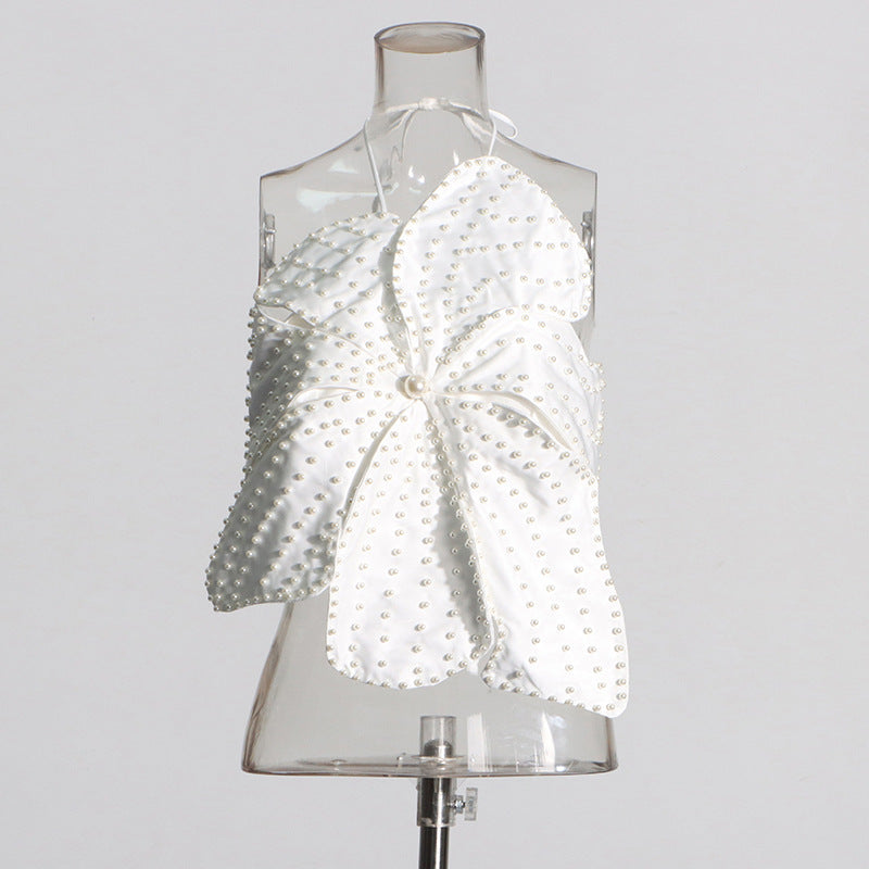 Beaded Flower Tube Top - Pearl Embellished Strapless Statement Top
