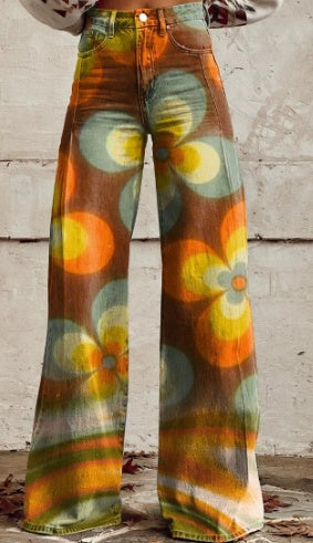 Retro Flower Power Wide Leg Jeans - 70s Boho Statement Denim