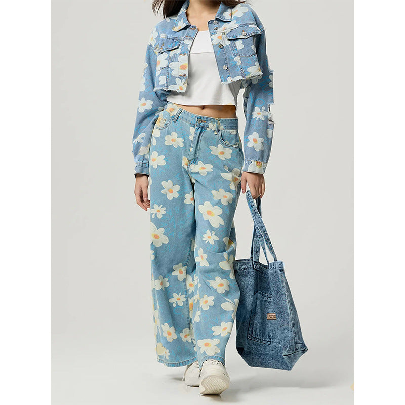 Vintage Daisy Flower Print Straight-Leg Jeans for Women