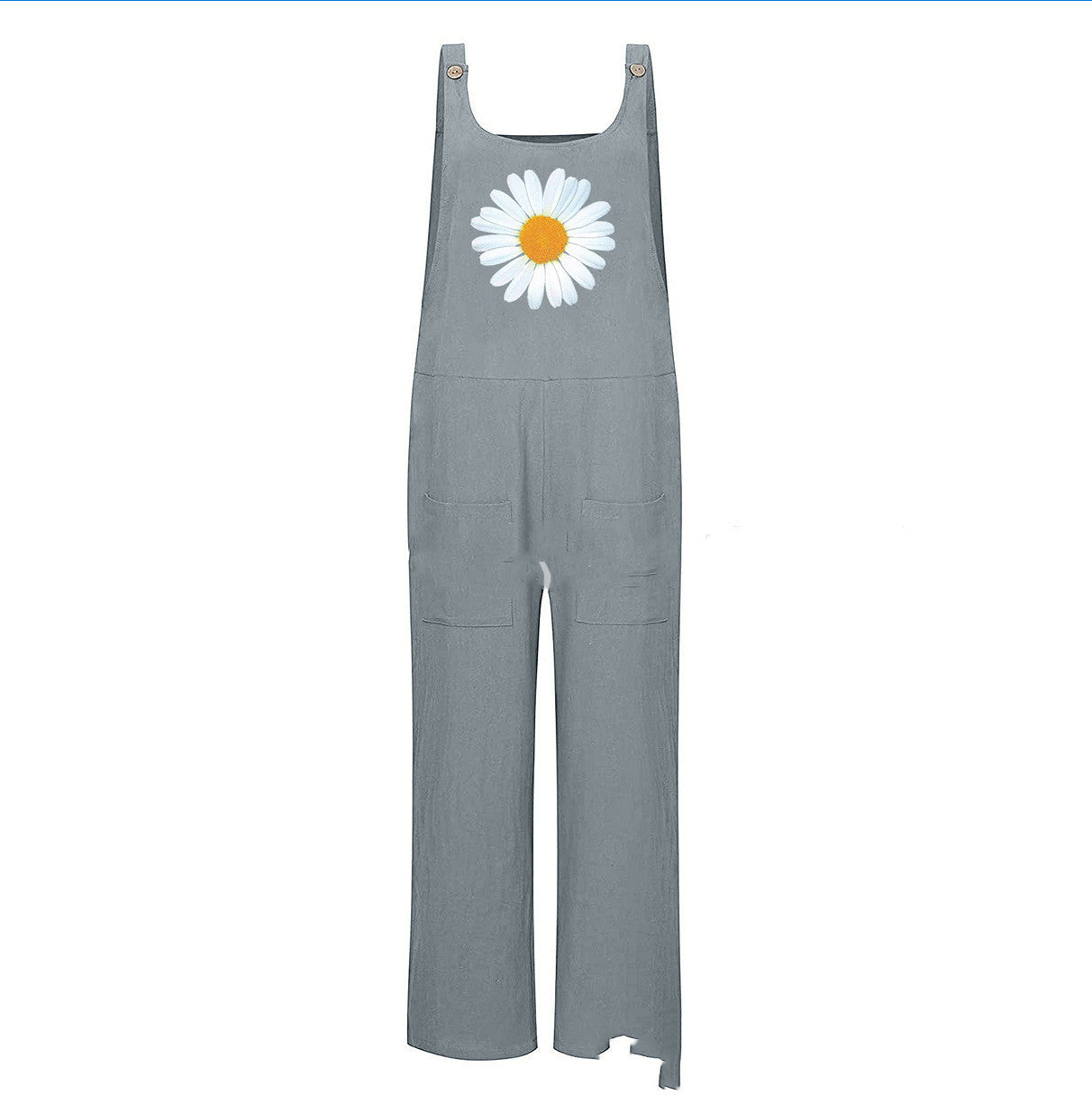 Women's Cotton-Linen Daisy Print Overalls - Casual Loose Jumpsuit with Pockets