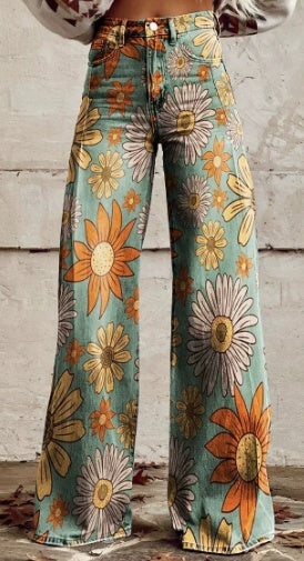 Retro Daisy Bloom Wide Leg Jeans - Vintage Boho Flower Power Pants