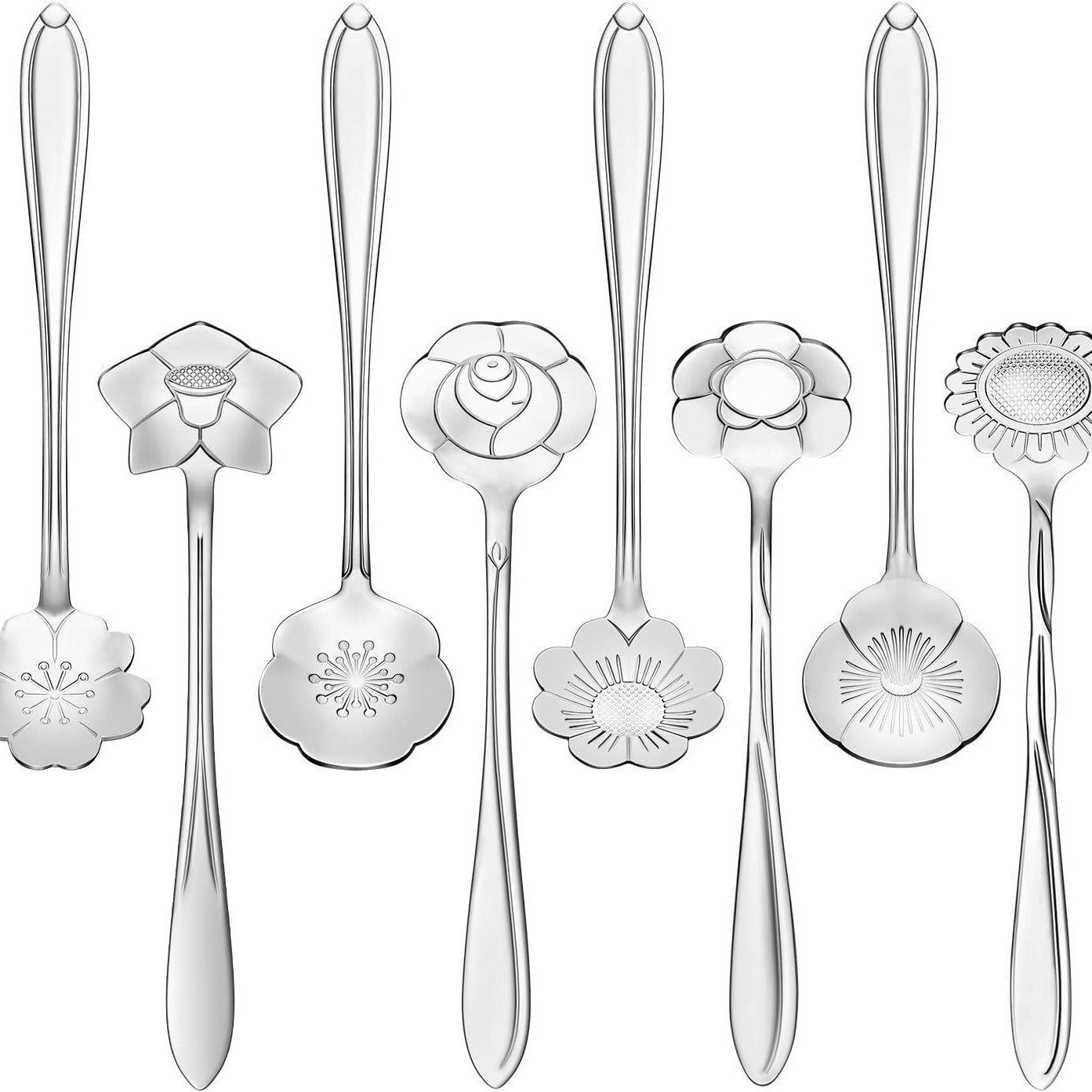 8-Piece Stainless Steel Flower Spoons - Coffee & Dessert Teaspoon Set (Gold, Silver, or Rainbow)