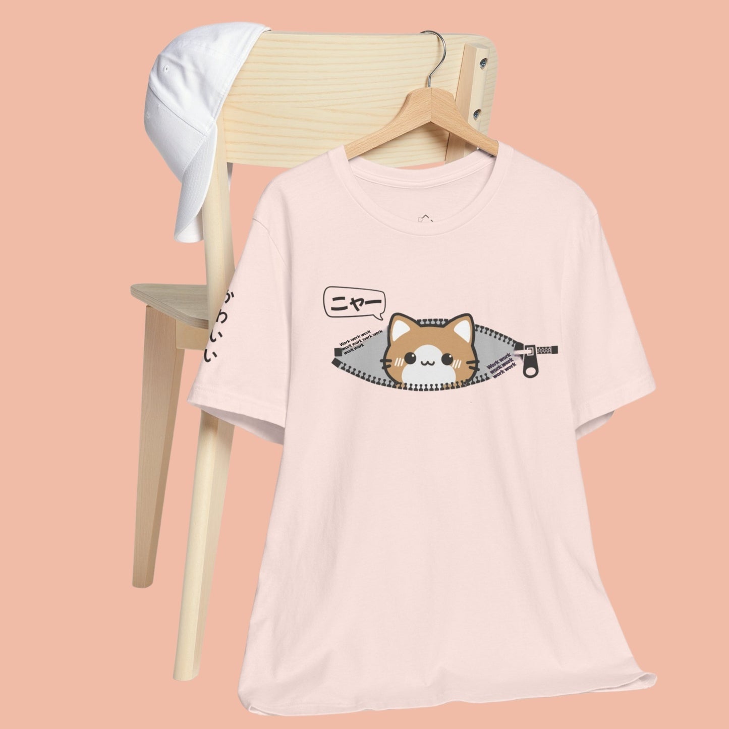 Kawaii Cat Zipper Graphic Tee - Cute Cartoon Cat Round Neck T-Shirt