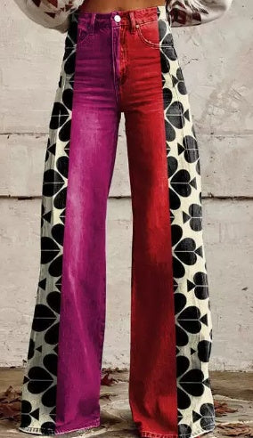Split-Tone Spade Print Wide Leg Pants - Retro Card Deck Style
