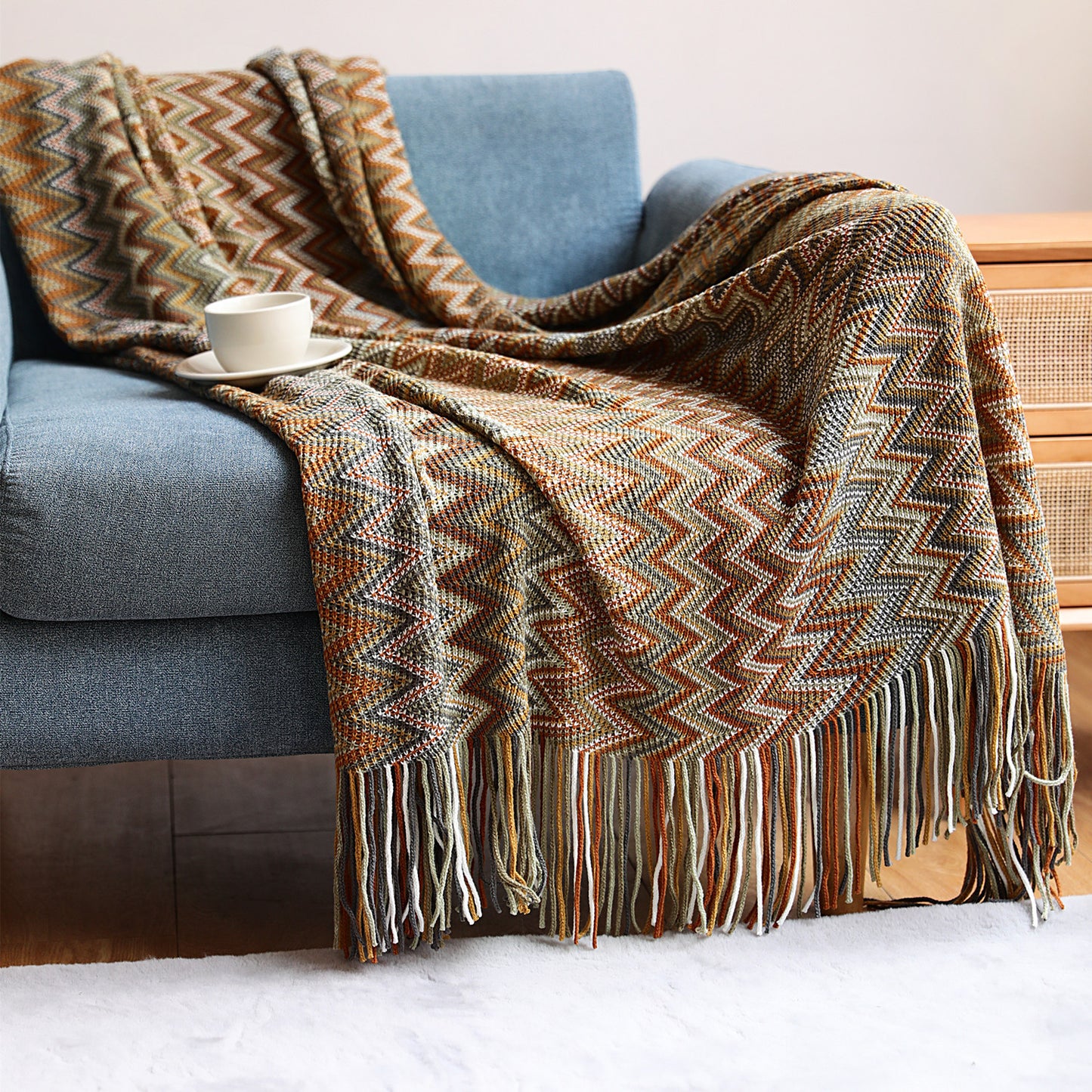 Bohemian Chevron Woven Blanket - Nordic Fringe Throw for Sofa or Bed