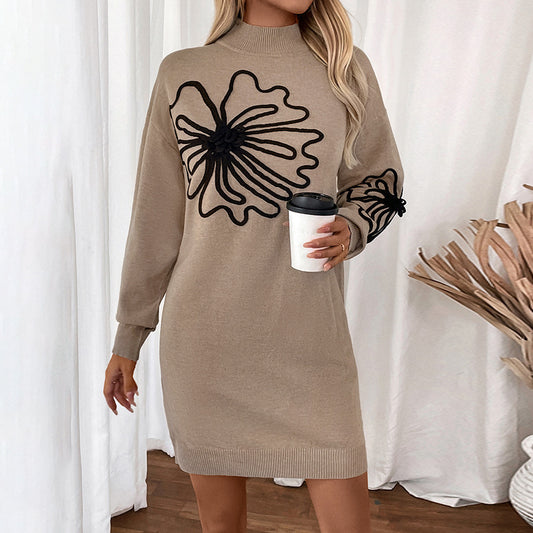 Women's Half Turtleneck Sweater Dress - Oversized Knit with Floral Print