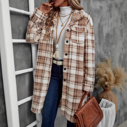 Women's Plaid Longline Shacket - Camel Button-Up Cardigan Jacket