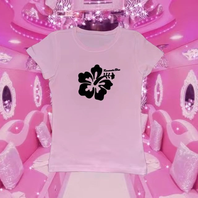 Retro Hibiscus Flower Print Short Sleeve Tee - Casual Y2K Summer Top