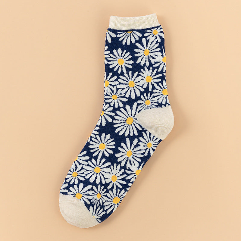 4-Pair Daisy Flower Cotton Socks - Women's Cute Casual Crew Set