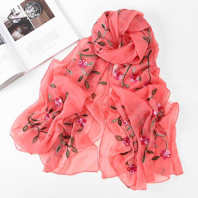 Embroidered Floral Chiffon Scarf - Lightweight Shawl & Wrap