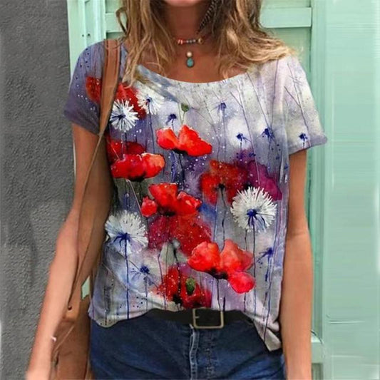 Women's Floral Print Casual T-Shirt - Colorful Summer Top