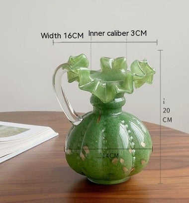 Green Glass Floral Vase - Handcrafted Pleated Lace Design