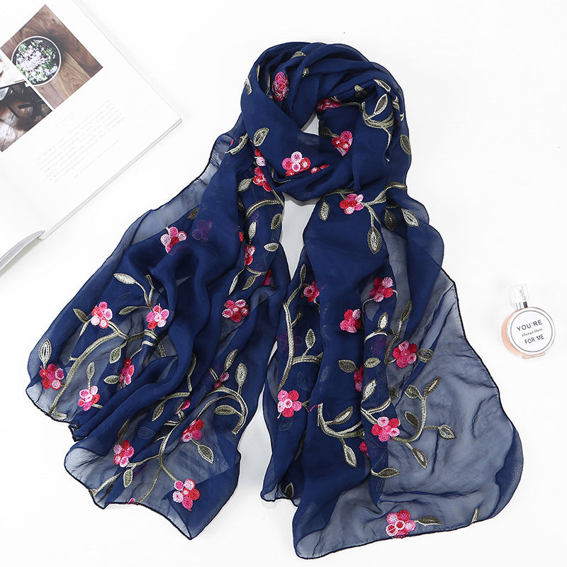 Embroidered Floral Chiffon Scarf - Lightweight Shawl & Wrap