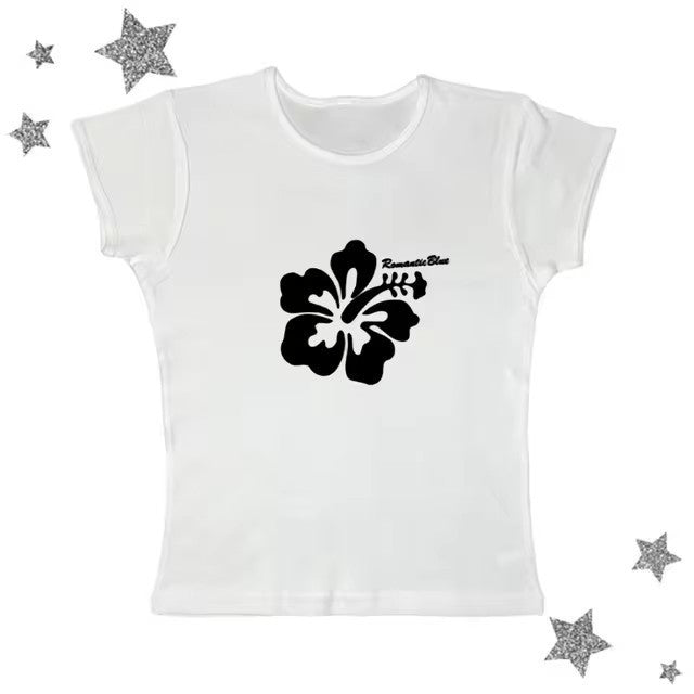 Retro Hibiscus Flower Print Short Sleeve Tee - Casual Y2K Summer Top