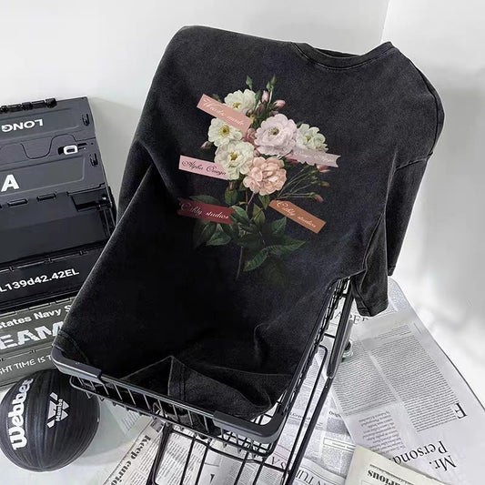 Vintage Washed Black Floral Graphic Tee - Oversized Streetwear T-Shirt