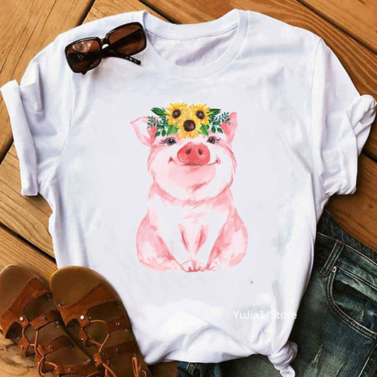 Cute Graphic T-Shirt - Flower Crown Pig / Bunny Print Tee