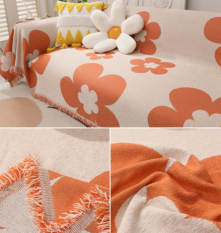Floral Chenille Sofa Throw Blanket - Double-Sided Decorative Couch Cover