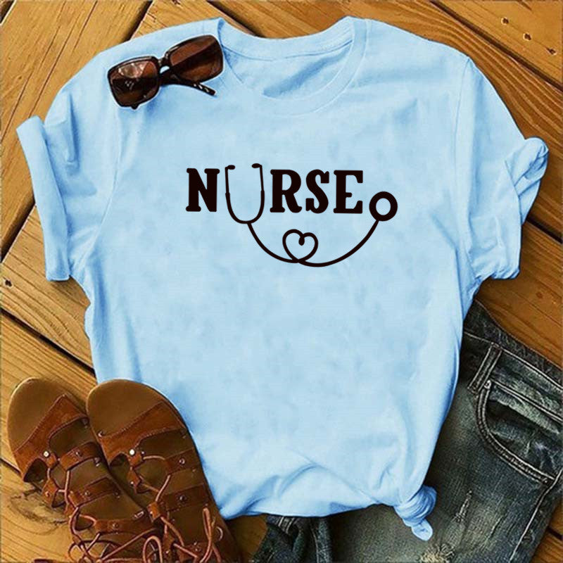 Nurse Graphic Tee - Stethoscope Heart Print Short Sleeve T-Shirt