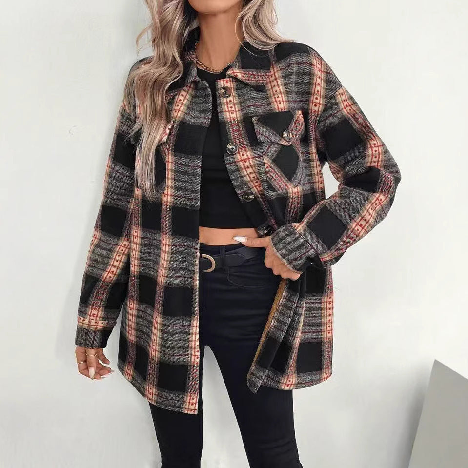 Women's Black Plaid Shacket - Plush Button-Up Long Sleeve Shirt Jacket