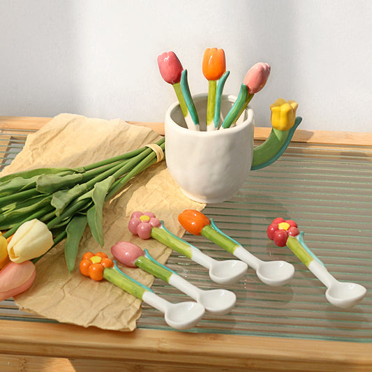 Floral Ceramic Spoon Set & 3D Flower Glass Cup with Straw - Coffee & Tea Giftware
