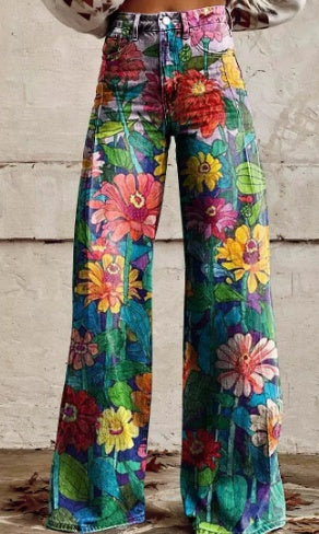 Retro Boho Flower Power Wide Leg Jeans - Vintage Festival Pants