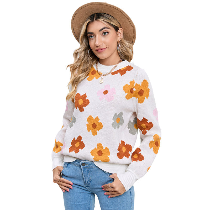 Retro Floral Print Knit Pullover Sweater - Women's Long Sleeve Top