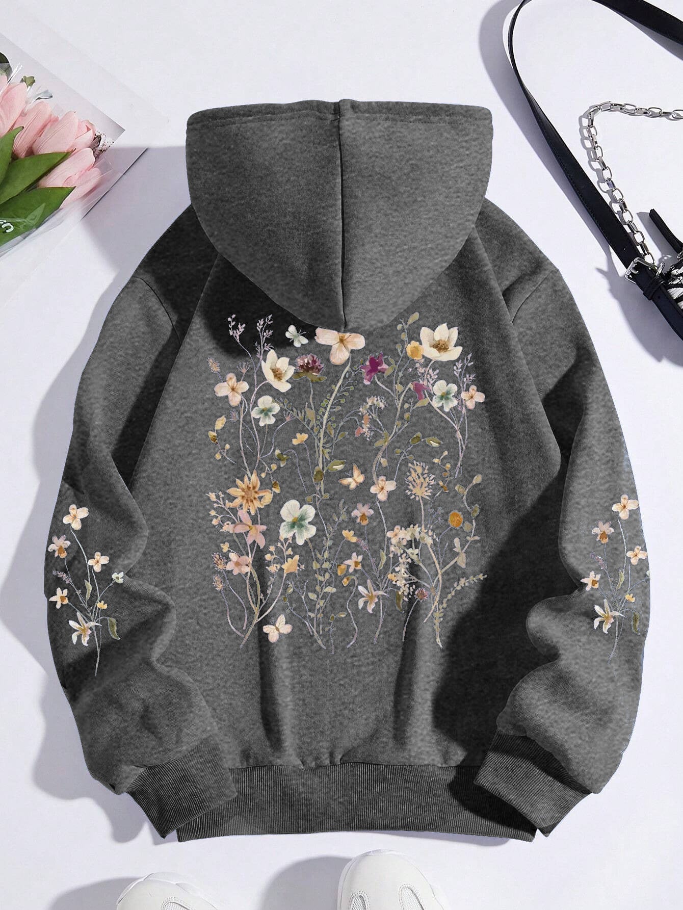 Women's Floral Print Hoodie Sweatshirt - Casual Pullover with Pocket