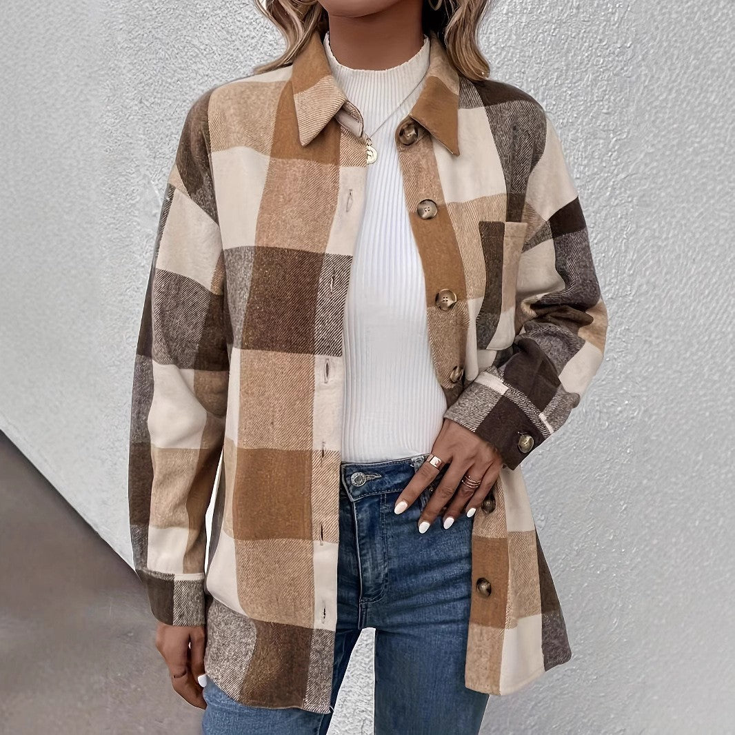 Women's Brushed Plaid Shacket - Camel Button-Up Long Sleeve Shirt Jacket