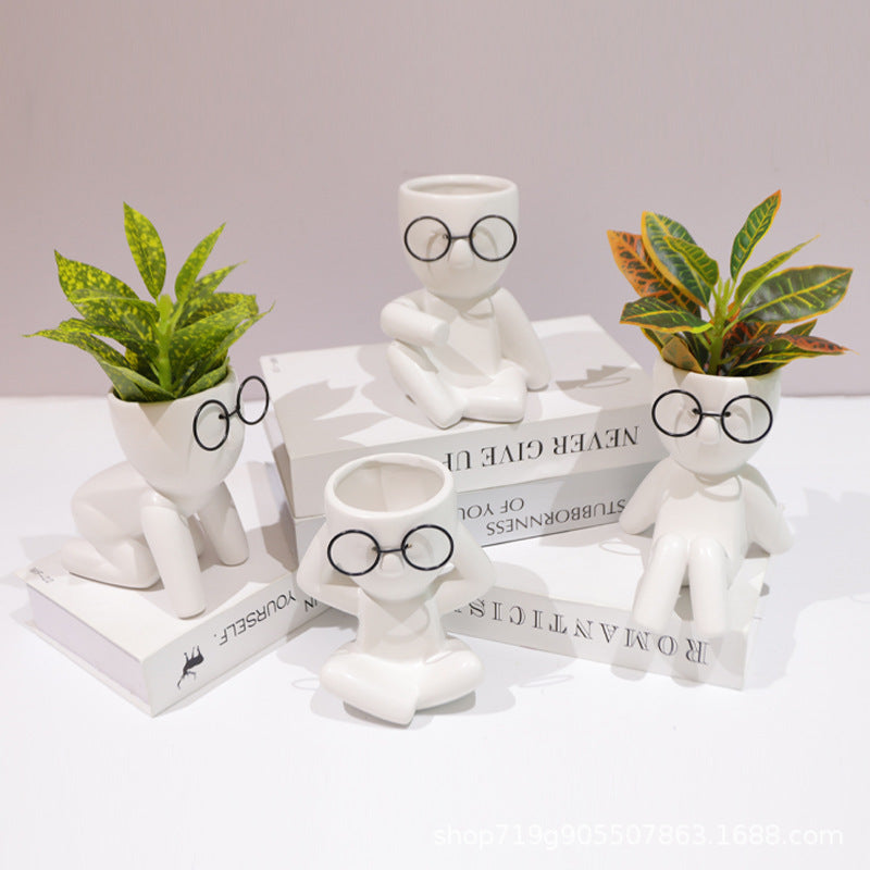 Quirky Ceramic Figure Flower Pots with Glasses - Cartoon Planters