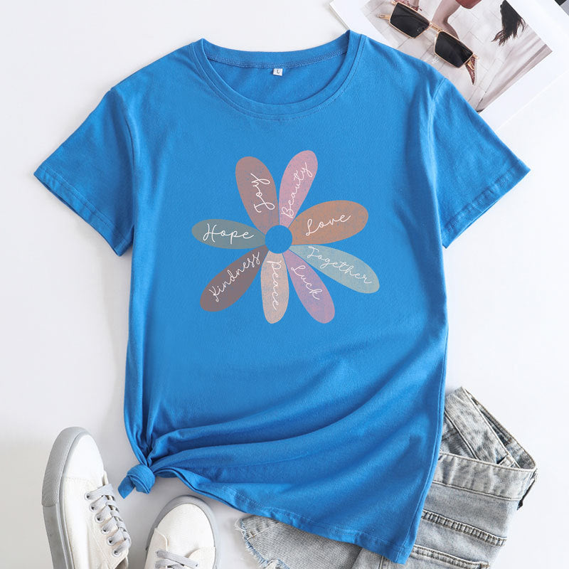 Bright Daisy Graphic Tee - Casual Round Neck Short Sleeve