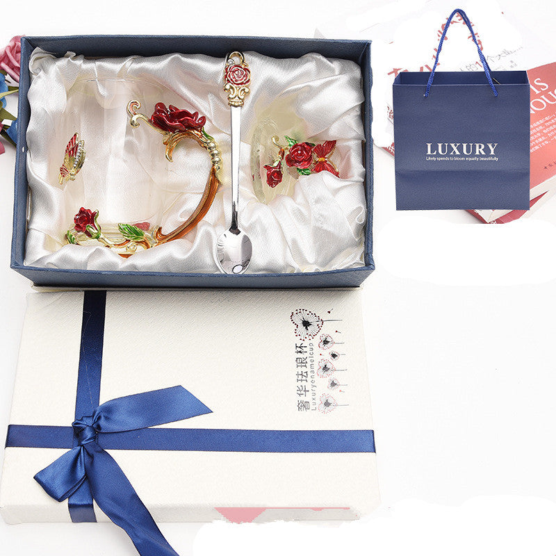 Luxury Enamel Flower Glass Teacup Set with Spoon - Gift Boxed Tea & Coffee Mug